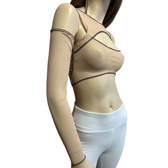 PLT Crop Top Nude Mesh Contrast Stitch Cut Out Cold Shoulder Made in UK - Picture 5 of 11